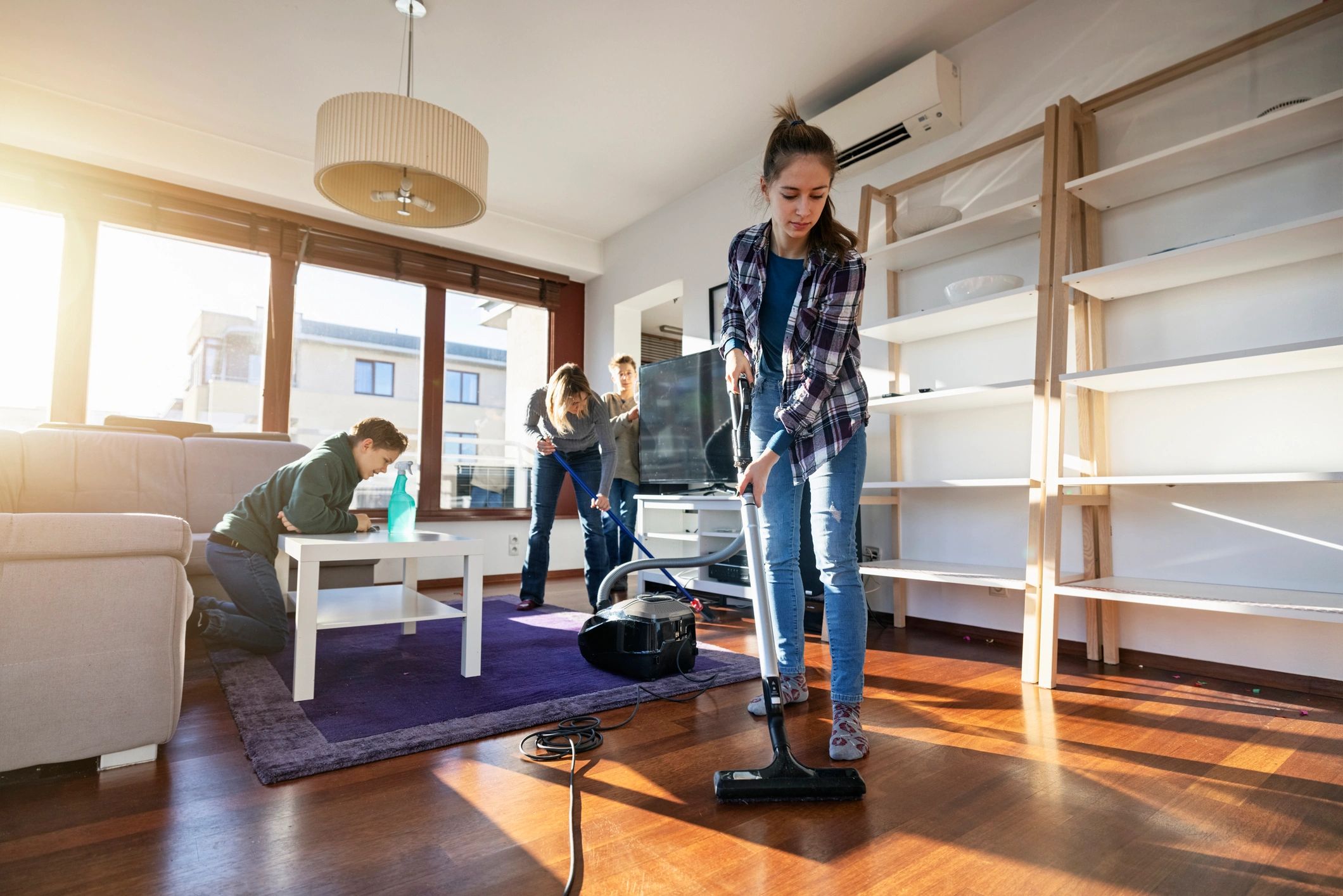 Cleaning team working together in a home